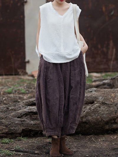 Loose Sleeveless Fringed Pleated Solid Color Split-Joint V-Neck Vest Top