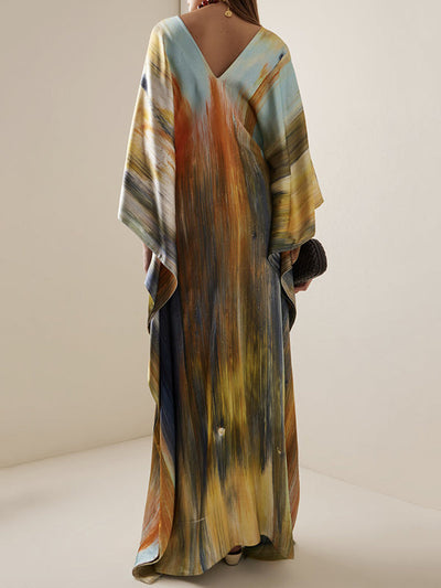 Batwing Sleeves Loose Printed Split-Joint V-Neck Maxi Dresses