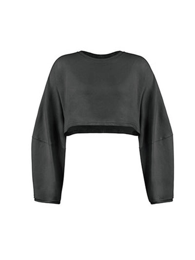 Long Sleeves Loose Solid Color Split-Joint Round-Neck Sweatshirt Tops