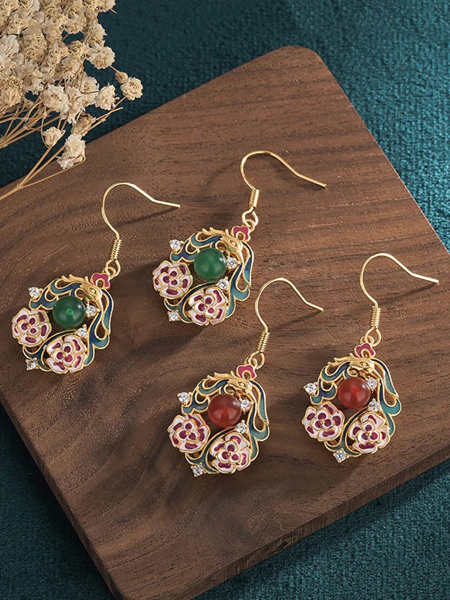 Women Chinese Style Enamel Flower Jade Silver Earrings