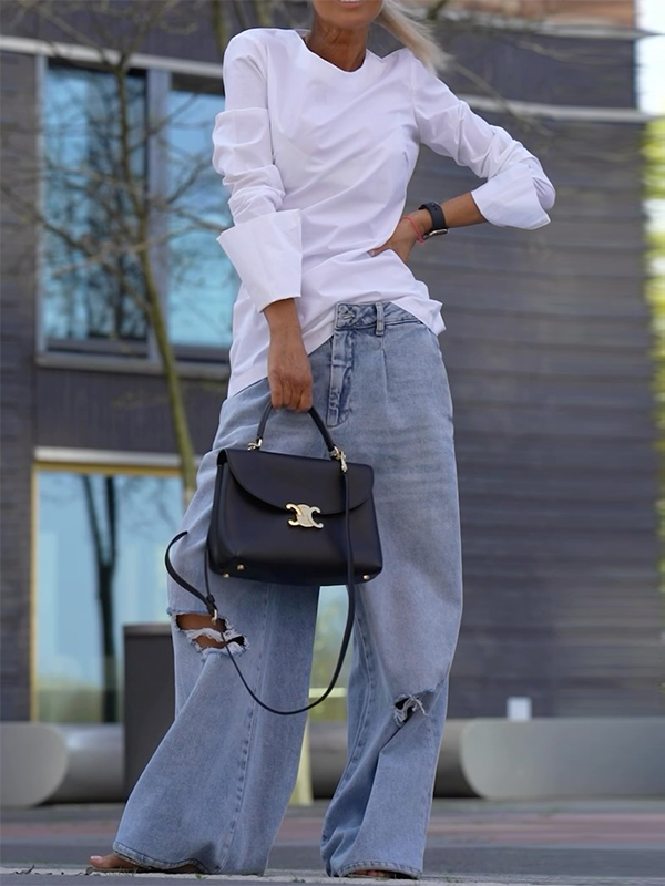 Long Sleeves Loose Solid Color Round-Neck T-Shirts Tops