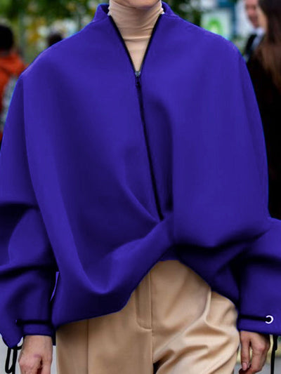 Loose Puff Sleeves Asymmetric Split-Joint Zipper Stand Collar Outerwear