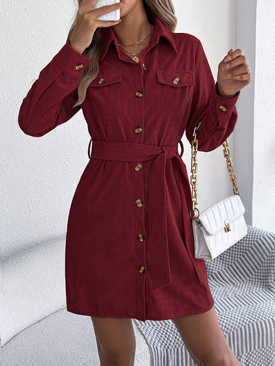 Elasticated Waist Long Sleeves Belted Buttoned Single-Breasted Solid Color Lapel Collar Mini Dresses Shirt Dress