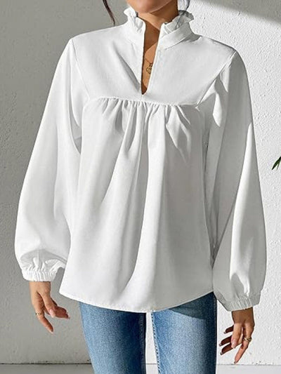 Long Sleeves Puff Sleeves Pleated Ruffled Solid Color Stand Collar Blouses&Shirts Tops
