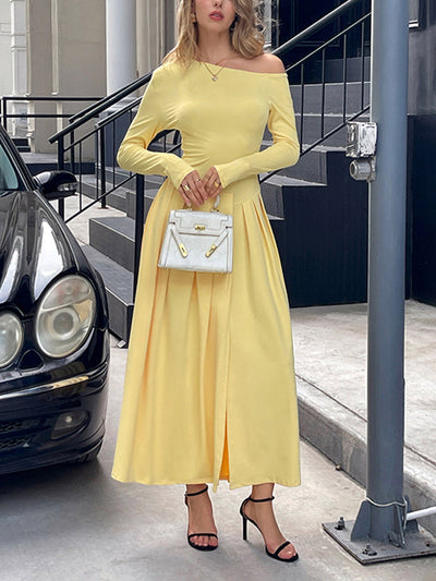 High Waisted Long Sleeves Pleated Solid Color Split-Front One-Shoulder Maxi Dresses
