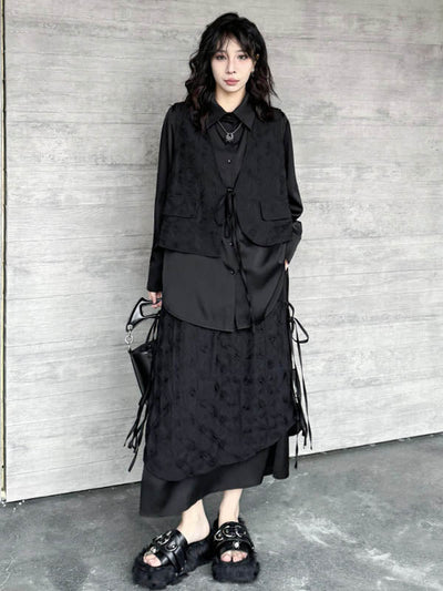 Solid Color Split-Joint Asymmetric Drawstring Flower Print   False Two Lapel Buttoned Pockets Blouses&Shirts Tops + Elasticated Waist Double Layered Skirts Bottoms Two Pieces Set