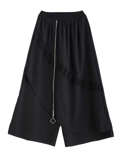 High Waisted Loose Elasticity Pleated Pockets Split-Joint Zipper Culotte Pants