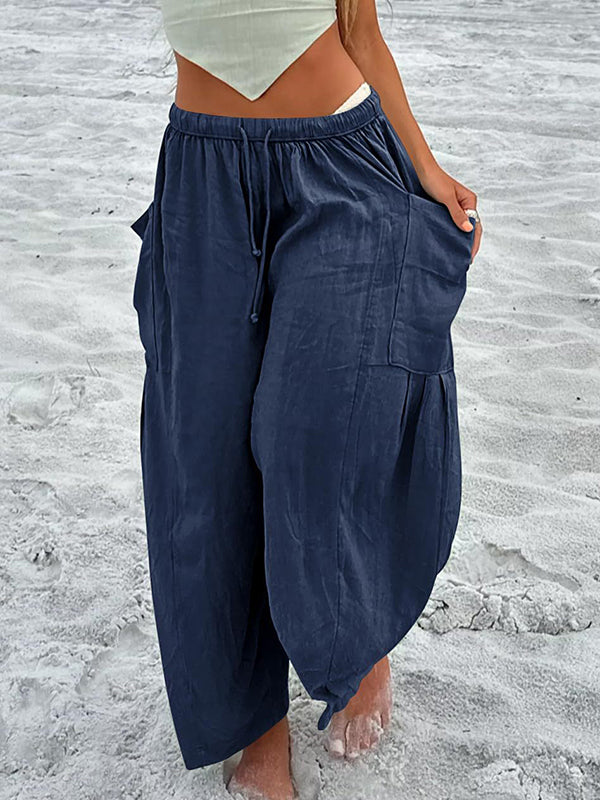 High Waisted Loose Drawstring Elasticity Pleated Pockets Solid Color Ninth Pants Trousers