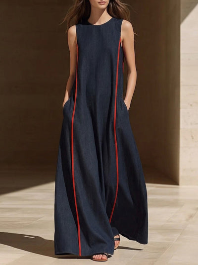 A-line Loose Contrast Color Pockets Split-Joint Round-neck Maxi Dresses