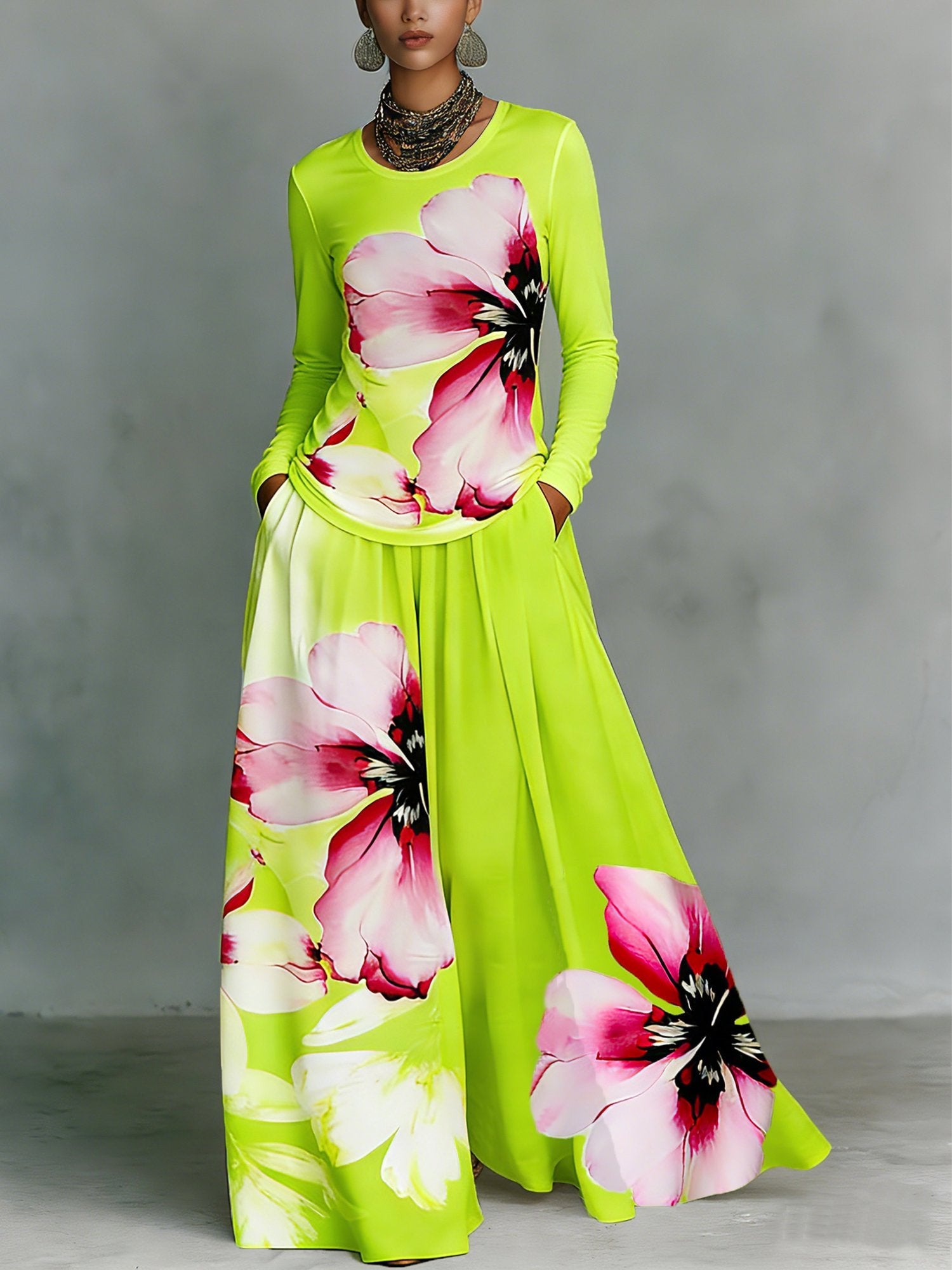 High Waisted Loose Contrast Color Flower Print Pleated Pockets Pants Trousers