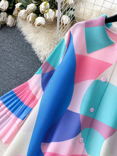 Flared Sleeves Loose Belted Contrast Color Pleated Midi Dresses