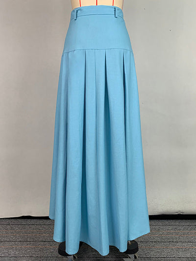 High Waisted High-Low Belted Pleated Solid Color Skirts Bottoms