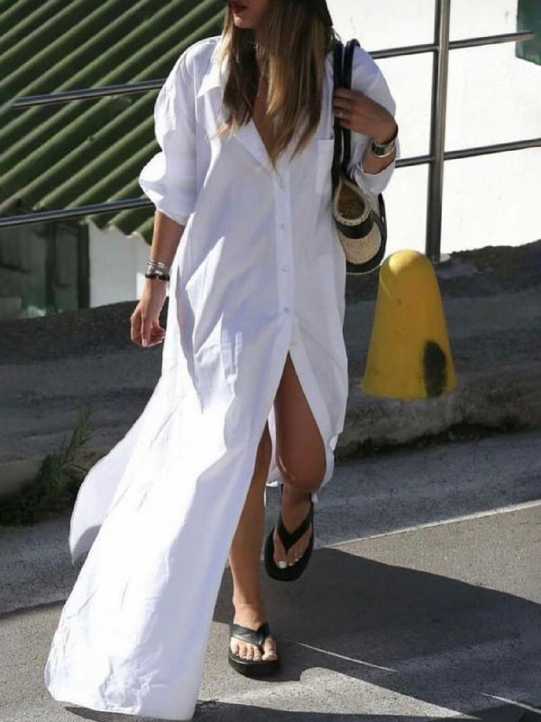 Long Sleeves Loose Buttoned Solid Color Split-Side Lapel Maxi Shirt Dress