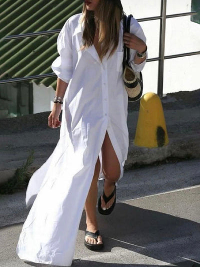 Long Sleeves Loose Buttoned Solid Color Split-Side Lapel Maxi Shirt Dress