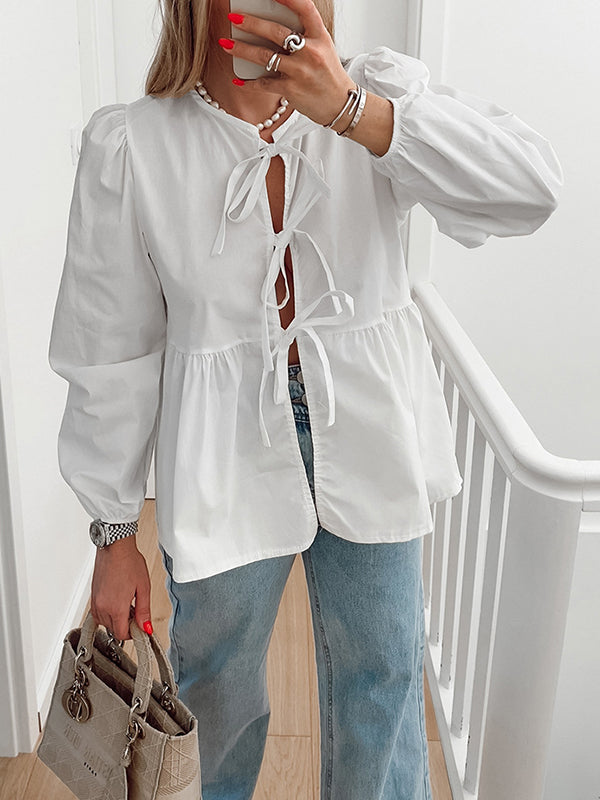 Long Sleeves Loose Elasticity Solid Color Split-Joint Tied Round-Neck Blouses&Shirts Tops