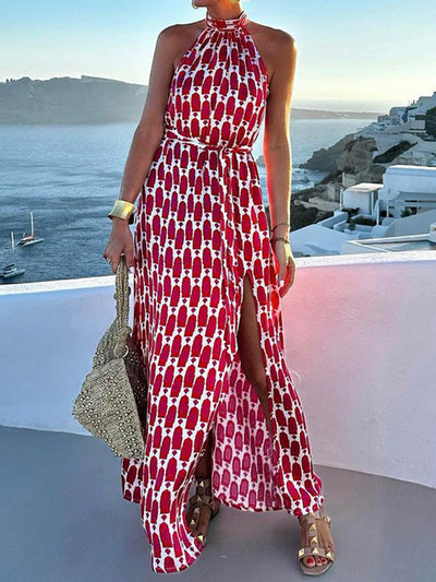 High Waisted Sleeveless Contrast Color Printed Split-Joint Split-Side Tied Waist Halter-Neck Maxi Dresses