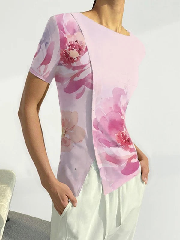 Short Sleeves Skinny Flower Print Split-Front Round-Neck T-Shirts Tops