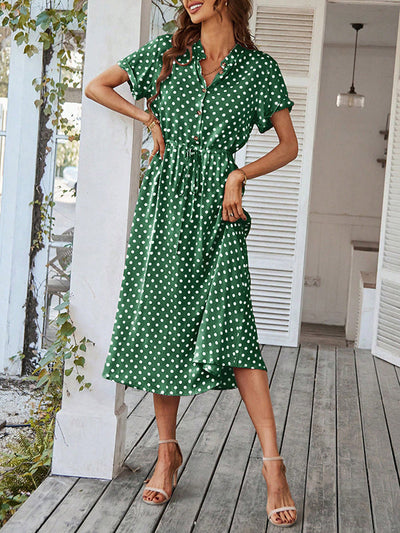 A-Line High Waisted Buttoned Drawstring Polka-Dot V-Neck Midi Dresses