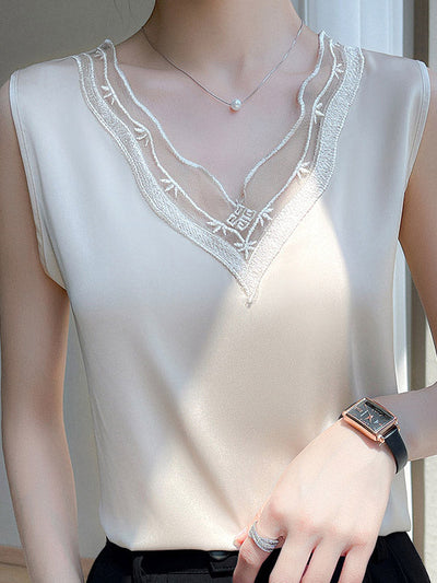 Loose Sleeveless Solid Color Split-Joint V-Neck Vest Top