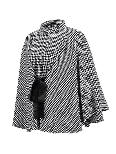 Batwing Sleeves Long Sleeves Houndstooth Tied Waist Stand Collar Cape Outerwear