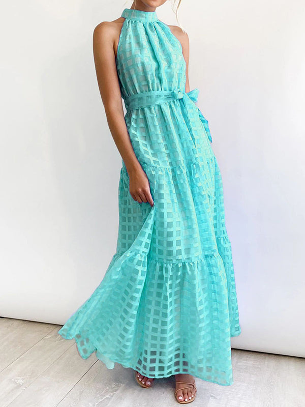 Loose Sleeveless Plaid Ribbed Stand Collar Maxi Dresses