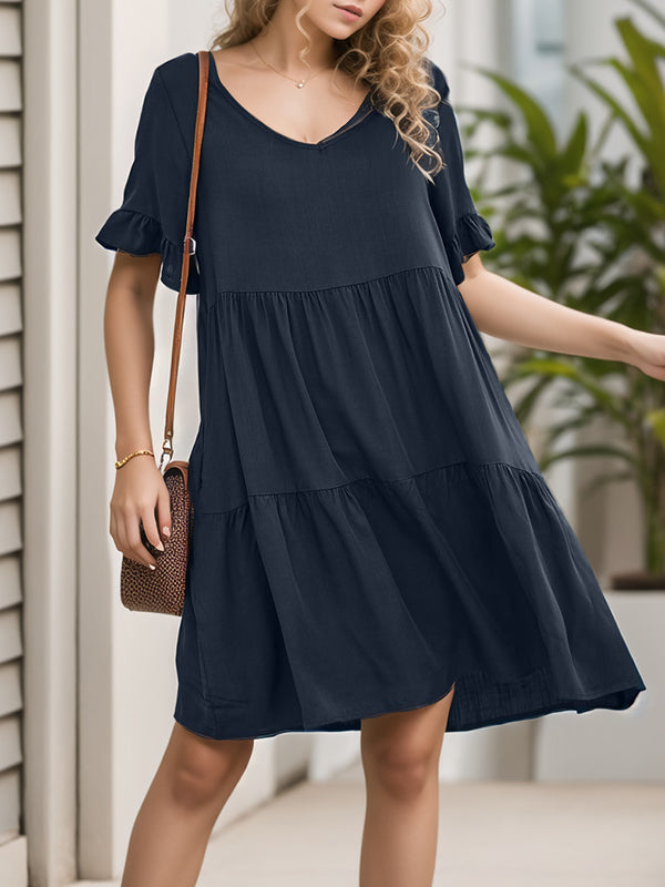 A-Line Flared Sleeves Pleated Pockets Ruffled Solid Color Split-Joint Round-Neck Mini Dresses