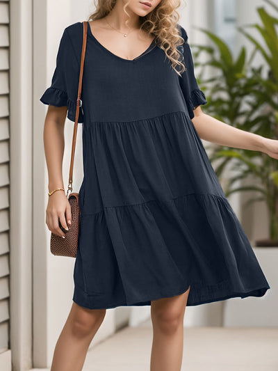 A-Line Flared Sleeves Pleated Pockets Ruffled Solid Color Split-Joint Round-Neck Mini Dresses