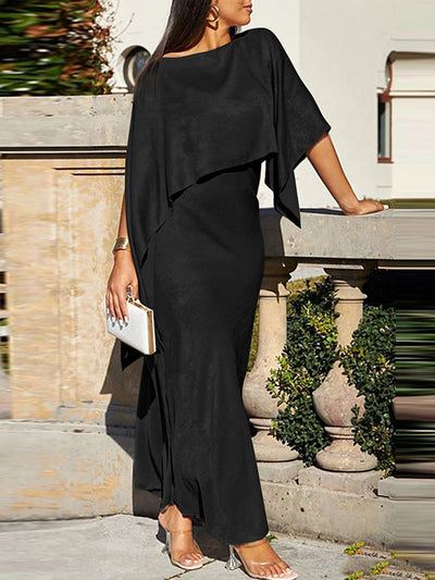 Batwing Sleeves Cape Shiny Solid Color Split-Joint Boat Neck Evening Dresses Maxi Dresses