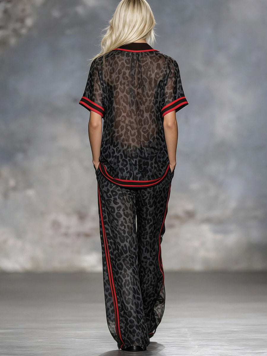 Loose Short Sleeves Contrast Color Leopard Split-Joint Striped Lapel Blouses&Shirts Tops