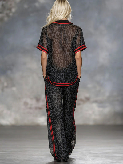 Loose Short Sleeves Contrast Color Leopard Split-Joint Striped Lapel Blouses&Shirts Tops