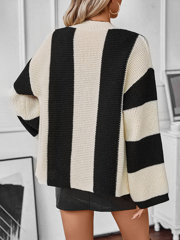 Long Sleeves Loose Buttoned Contrast Color Split-Joint Striped V-Neck Cardigan Tops