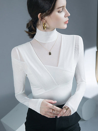 Long Sleeves Skinny Asymmetric Mesh See-Through Shiny Split-Joint Half Turtleneck Blouses&Shirts Tops