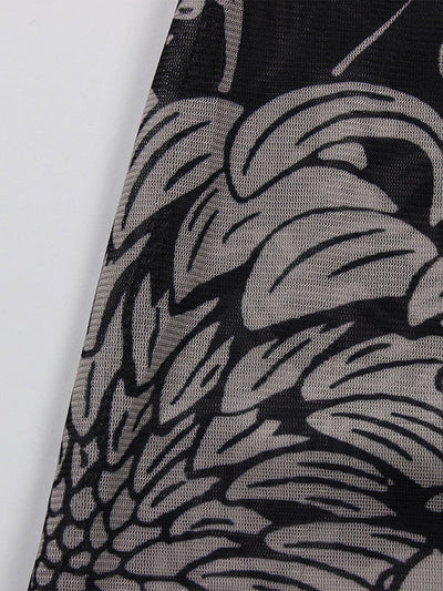 Long Sleeves Skinny Printed See-Through Split-Joint High Neck Evening Dresses Maxi Dresses