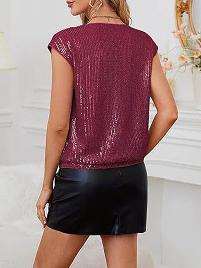 Loose Raglan Sleeve Sequined Solid Color V-Neck T-Shirts Tops