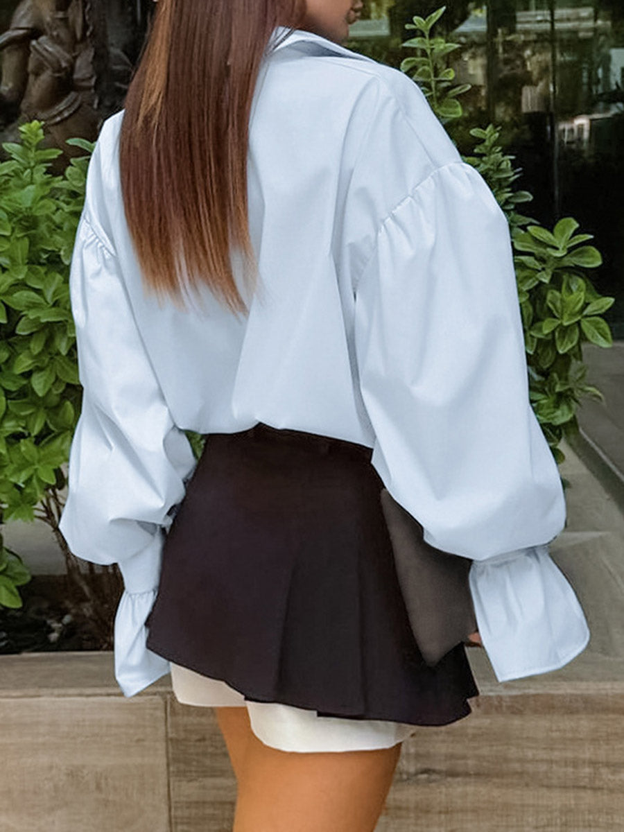 Flared Sleeves Long Sleeves Buttoned Pleated Solid Color Split-Joint Lapel Blouses&Shirts Tops