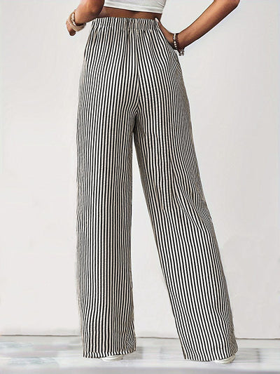 Loose Drawstring Elasticity Pockets Split-Joint Striped Pants Trousers