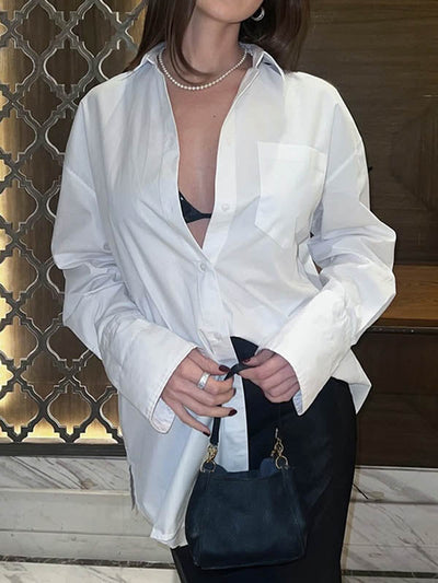 Long Sleeves Loose Buttoned Pockets Solid Color Lapel Blouses&Shirts Tops