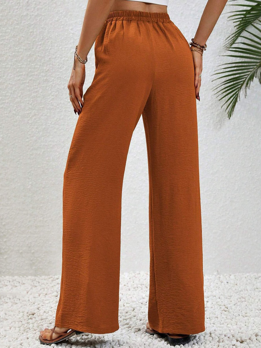 High Waisted Loose Elasticity Pleated Solid Color Tied Waist Pants Trousers