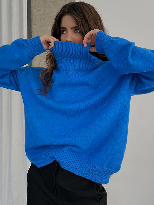 Casual Long Sleeves Loose Solid Color High-Neck Sweater Tops