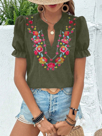 Loose Puff Sleeves Flower-Embellished Contrast Color Jacquard Pleated Ruffled Split-Joint V-Neck Blouses&Shirts Tops