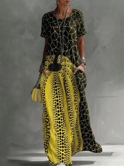 Loose Short Sleeves Contrast Color Pockets Printed Maxi Dresses