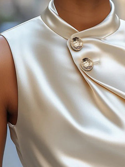 Sleeveless Buttoned Solid Color Stand Collar Tank Top