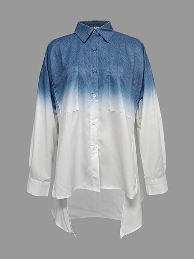 High-Low Loose Gradient Printed Split-Joint Split-Side Lapel Blouses&Shirts Tops