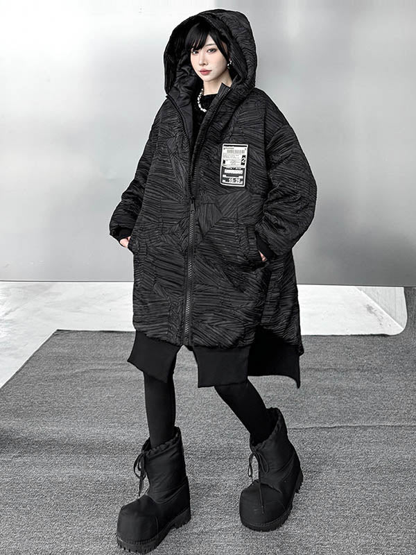 High-Low Irregularity Abstract Printed Contrast Color Split-Joint Zipper Hooded Outerwear Overcoat