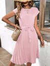 A-Line Loose Pleated Solid Color Tied Waist Round-Neck Midi Dresses