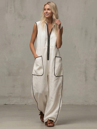 Loose Sleeveless Contrast Color Line Pockets Split-Joint Zipper Stand Collar Jumpsuits