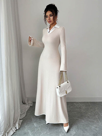 Bodycon False Two Ribbed Knit Split-Joint Lapel Maxi Dresses Sweater Dresses