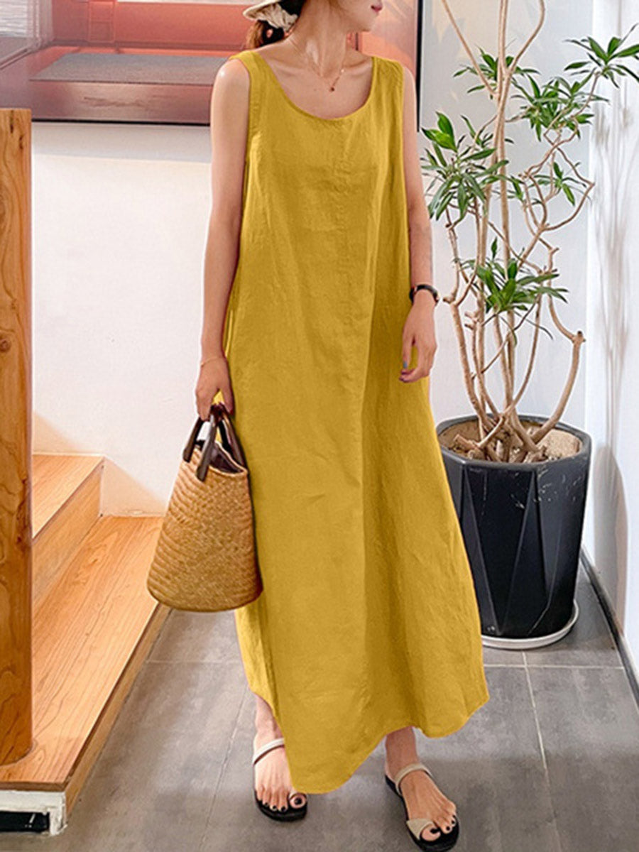 A-Line Loose Pockets Solid Color Split-Joint Square-Neck Maxi Dresses