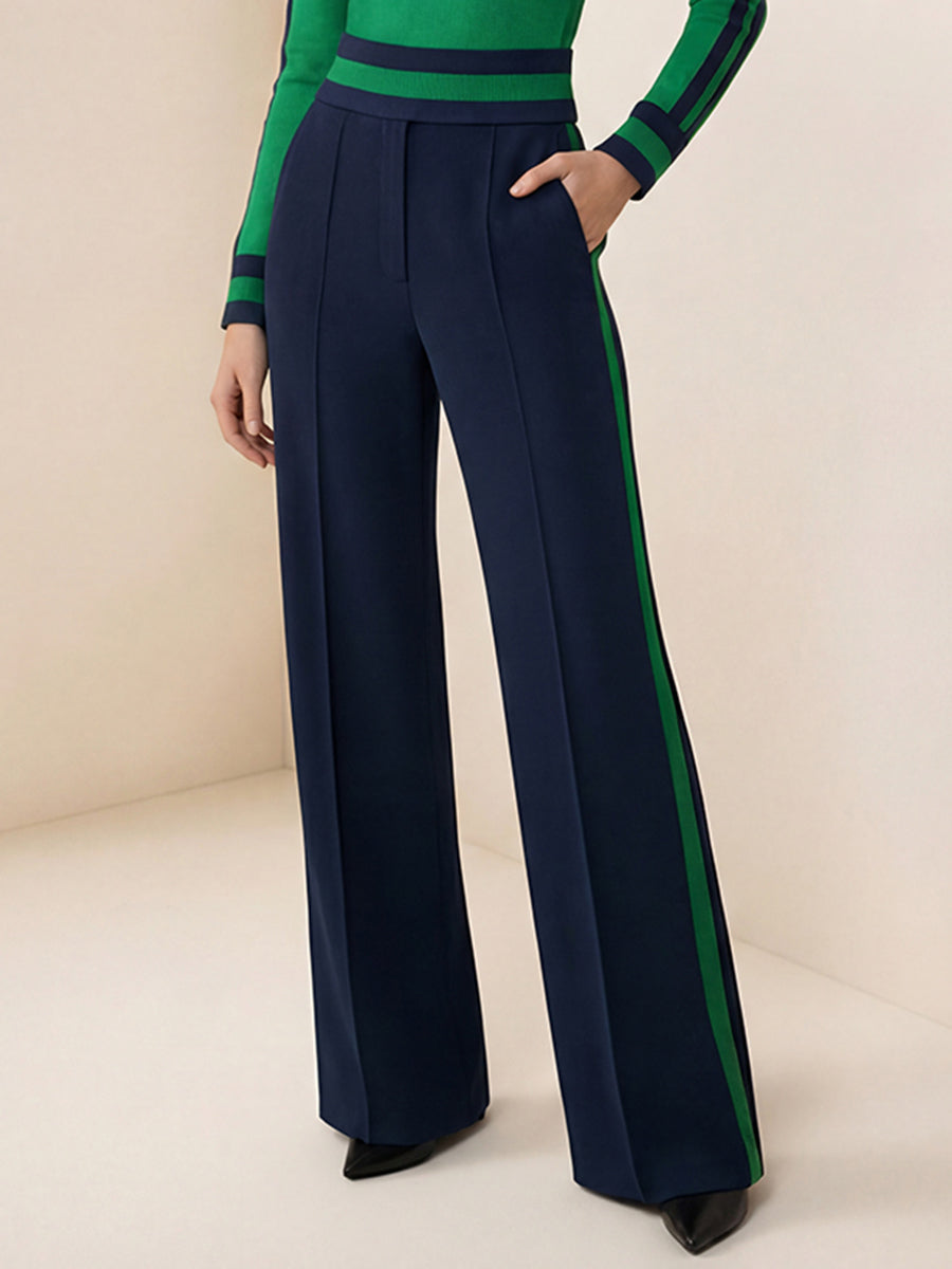 Loose Wide Leg Contrast Color Pockets Split-Joint Striped Pants