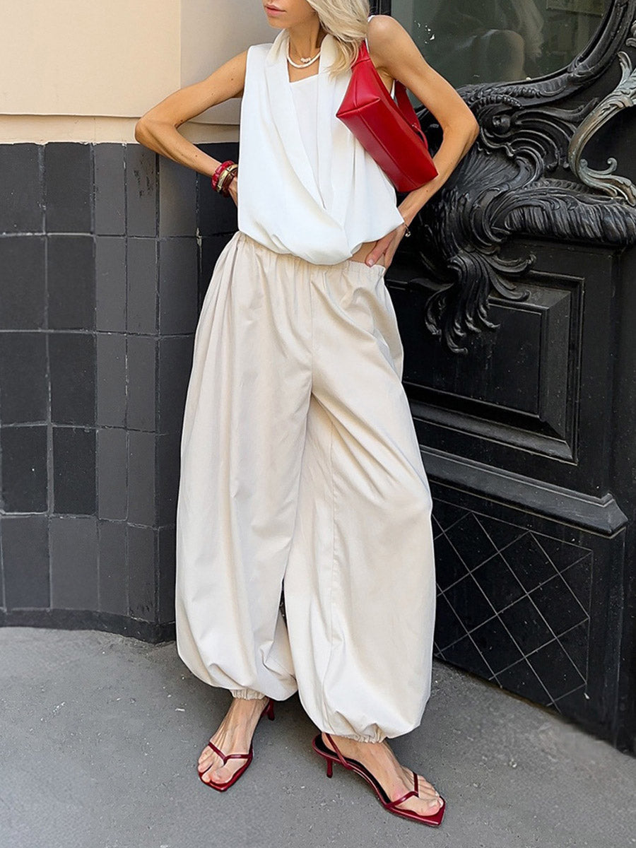 Elasticated Waist High Waisted Drawstring Pleated Solid Color Ankle-Tied Pants